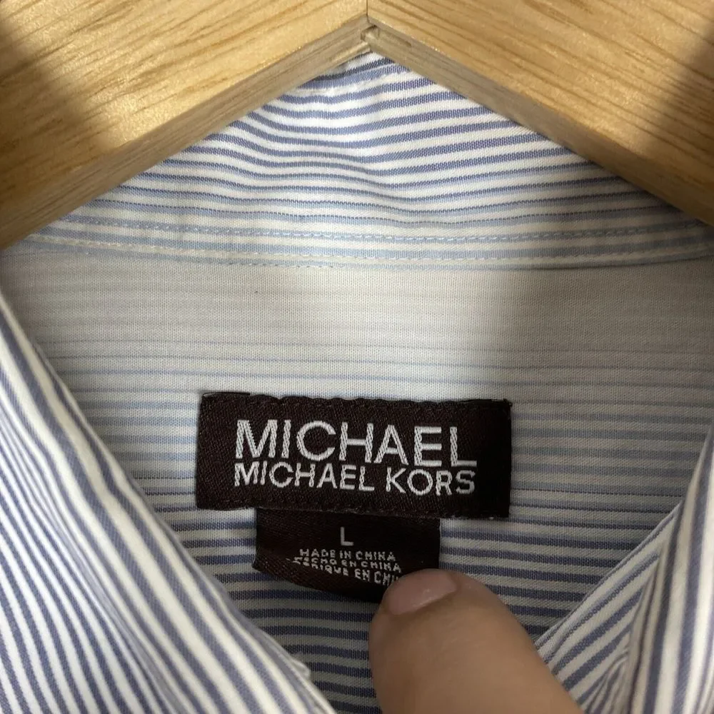 Michael Kors Men's‎ Adult Sz L Button Shirt Long Sleeve Striped Blue/Wht Striped - Picture 2 of 8